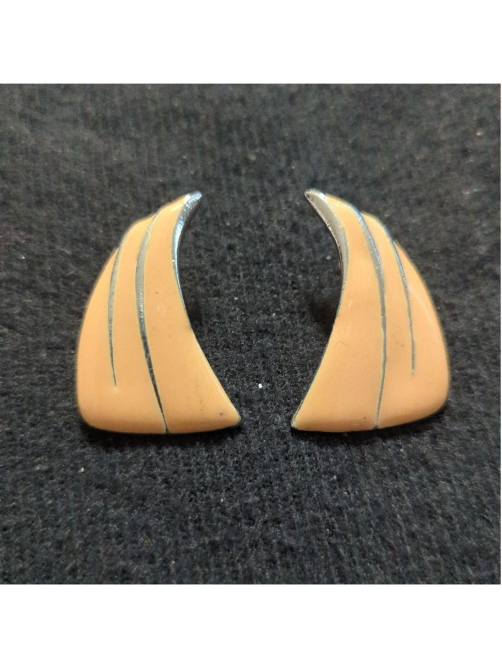 Vintage Silver Tone Peach Enamel Triangle Clip On Statement Earrings